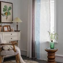 Boho Curtains 84 Inches Long Bedroom, Taupe Cotton Linen White Stripes Embroidery, Chic Hollow Geometric, Semi Blackout Window Vintage Drape With Tassels, 1 Panel W52 X L84, Fashionable Home Decor - 藍色 + 棕色 - 查看 9
