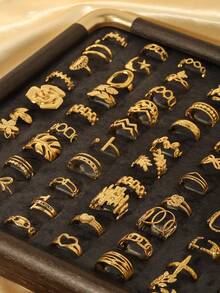 3/6/9/12/16/24件装不锈钢18K镀金极简几何开口戒指，时尚日常佩戴（随机发货） - 金色 - 查看 1