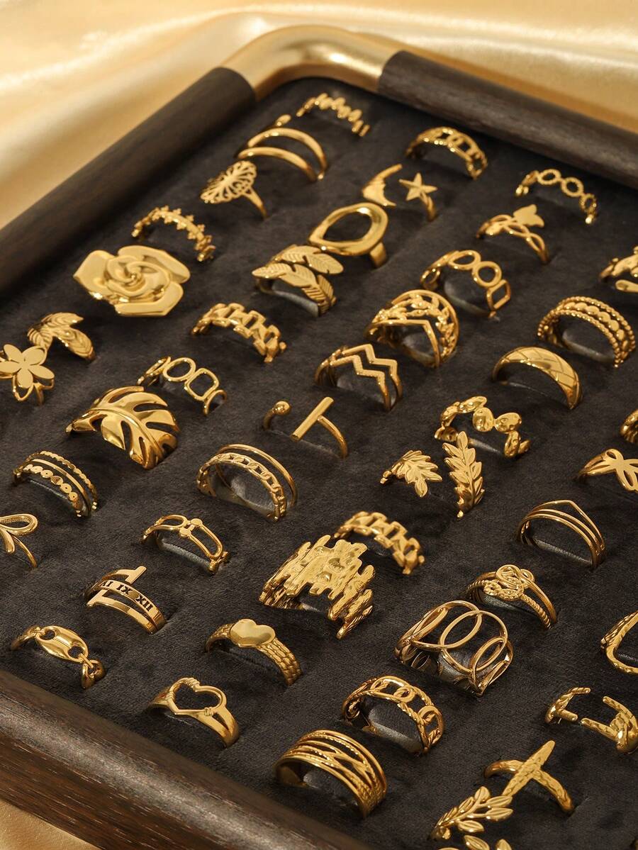 3/6/9/12/16/24件装不锈钢18K镀金极简几何开口戒指，时尚日常佩戴（随机发货） - 金色 - 查看 1