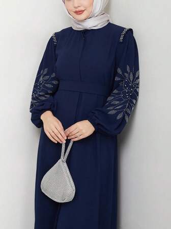 Women's Elegant Solid Color Long Sleeve Maxi Dress, Zipper Detail With Pearls & Rhinestones, Abaya Style, Middle Eastern Turkish Fashion