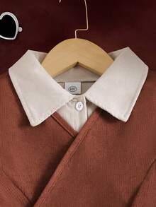 Left Mama 女童优雅简约学院风翻领长袖连衣裙搭配背心套装，适合春秋季节 - 米色 - 查看 3