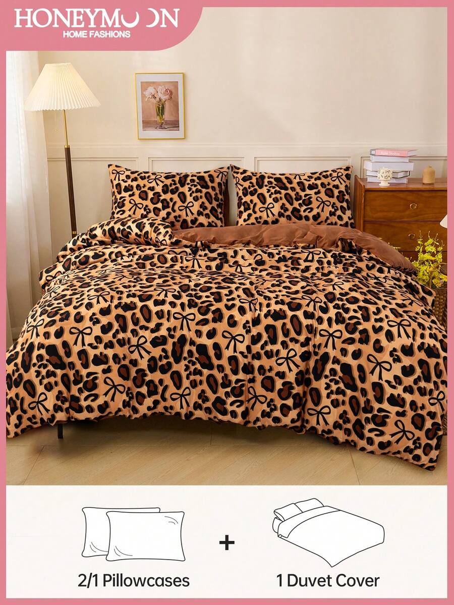 3 件套（1 * 羽绒被套 + 2 * 枕套，不含芯）豹纹印花轻薄柔软舒适亲肤四季通用床上用品套件，适合旅行、居家、酒店、卧室、客房，可水洗 - 彩色 - 查看 1
