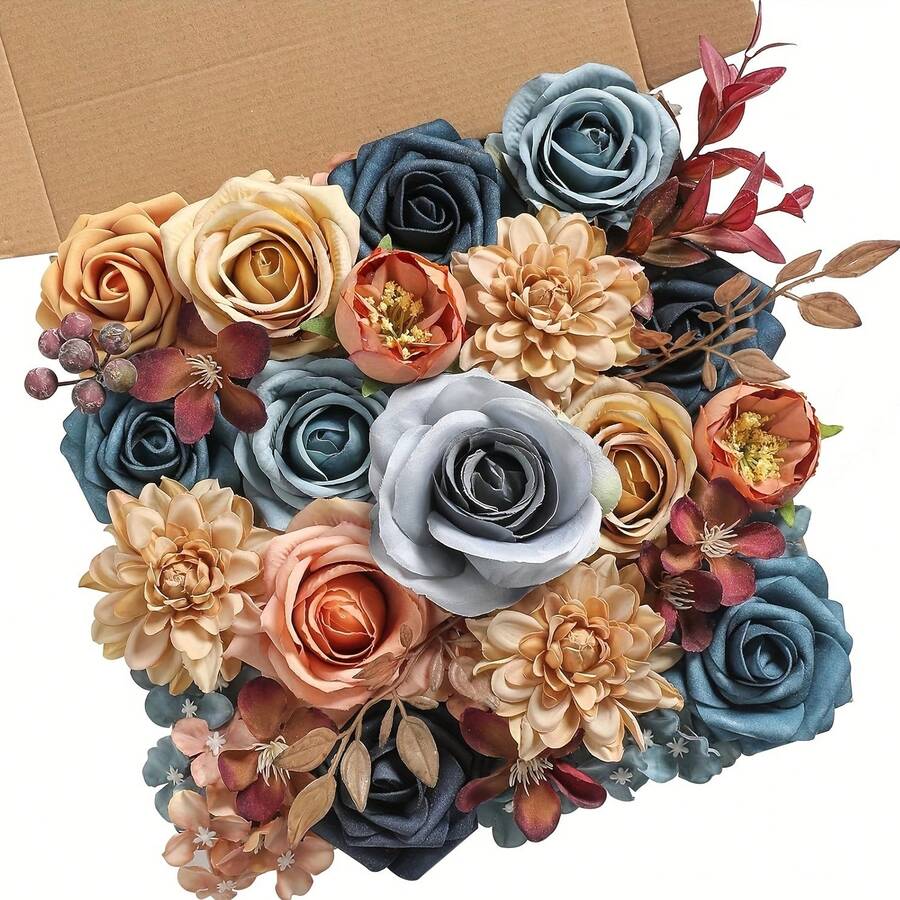 AUSOGO Artificial Rose Combination, Mixed Fake Rose Stem Set, Used For Wedding Bouquet Arrangement, Bridal Shower DIY Crafts, Flower Arrangement, Home Table And Chair Decoration, Halloween Autumn - 淺棕色霧霾藍 - 查看 1