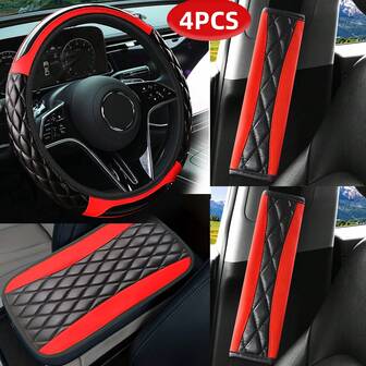 4pcs/Set Carbon Fiber PU Leather Car Accessories Set, Expandable Embossed Steering Wheel Cover, Shoulder Pads, Armrest Pads