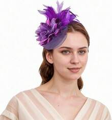 Fascinators Hats Women,Tea Party Fascinator Hair Clip With Feathers Wedding,Derby Hats Headbands - 款式1-紫色 - 查看 2