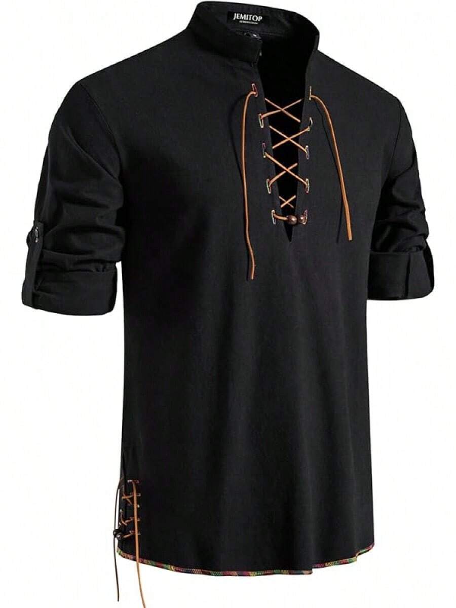 Men's Pure Cotton Retro Lace Up Shirts For Renaissance Pirate Viking Medieval - Black-d - View 1