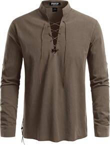Men's Pure Cotton Retro Lace Up Shirts For Renaissance Pirate Viking Medieval - Coffee Retro - View 2