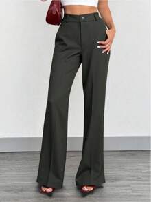 Women's Tailored Flare Pants With Fake Pockets At The Back - Olive Green - View 3
