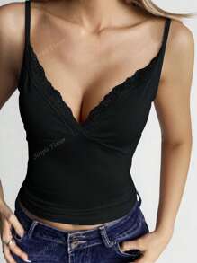 Débardeur pour femme d'été Y2K jeune, sexy, décontracté, col en V en dentelle et top col ras-du-cou