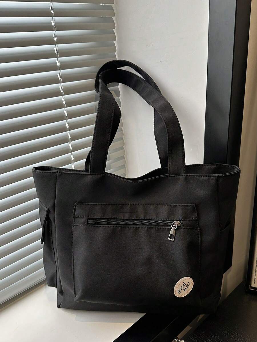 Fashionable & Versatile Solid Color Tote Bag, Minimalist Style Casual Design With Color Blocking, Large Shoulder Handbag - Black - View 1