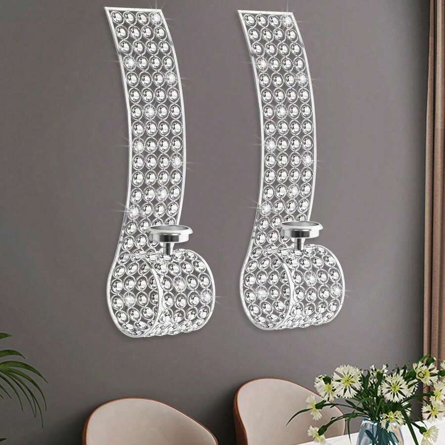 Crystal Candle Sconces For Wall Metal Tea Light Candle Holders Wall Decor For Living Dining Room Bedroom Centerpiece Gifts, Set Of 2 - Silver - View 1