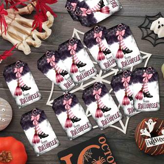 20pcs Black Powder Broom Labels With Pink Broom & Bow Design - Halloween Party Decorations, Gift Wrapping Tags For Festive Celebrations, Festive Gift Tags|Playful Design|Pink Broom Illustration, Halloween Decorations
