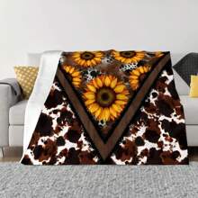 Manta de franela de felpa con estampado de vaca vintage y crisantemo de un solo lado, regalo suave, cálido y acogedor, adecuado para todas las estaciones, para usar como chal, en la cama, yoga, coche, camping, siesta en la oficina o actividades al aire libre, regalo perfecto para Navidad, Acción de Gracias o cumpleaños