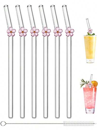 6 Packs Reusable Glass Straws With Floral Charm - Shatter-Resistant Bent Drinking Straws Set + Cleaning Brush - Elegant Flower Straws For Cocktails, Smoothies & Cold Drinks (Dishwasher Friendly, 8.5"/20cm)