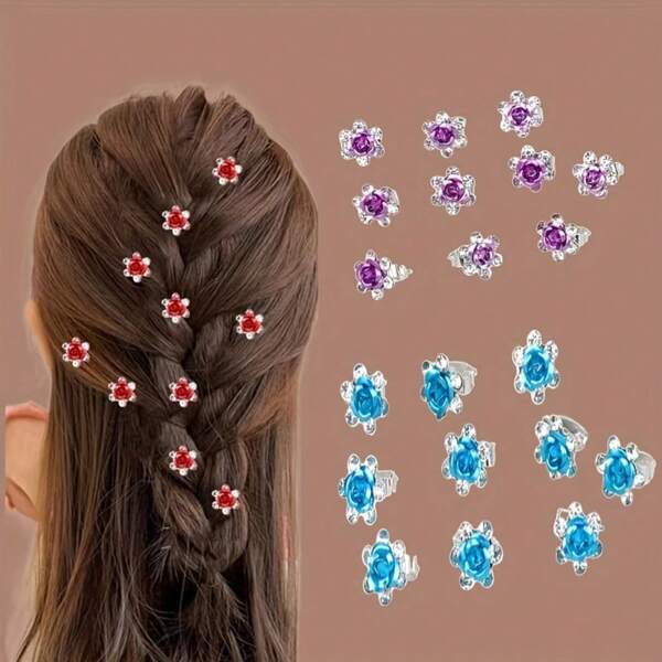 10pcs Mini Crystal Rose Flower Hair Clips, Sweet Girl Style Metal Bride Wedding Hair Accessories