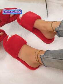 Red Open Toe Slippers, Flat Plush Slippers, Women's Slippers, Christmas Slippers, Valentine's Day Slippers, Lucky Day Slippers - Red - View 1