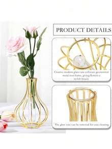 1pc Gold Geometric Metal Hydroponic Vase With Test Tube Rack | Modern Minimalist Retro Decor For Living Room, Office, Home | Elevated Floral Arrangement Vase, Wedding Party Floor Vase, Home Decoration Room Decor Flower Vase Glass Vase - Gold - View 5