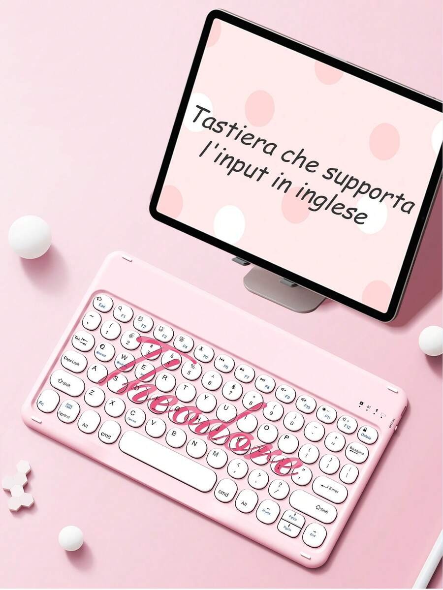 Teclado inalámbrico personalizado para tableta, personalización del nombre, estiloso teclado inalámbrico multilingüe, idioma de escritura opcional (inglés/árabe/francés/alemán/tailandés/italiano/español), teclado personalizado para tableta, diseño silencioso de arco, compatible con smartphones de 10 pulgadas, portátiles e iPad, otras tabletas, compatible con 3 sistemas operativos, adecuado para niñas, parejas, regalos de cumpleaños familiares y amigos - Rosa - Ver 1