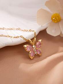 1 pièce Collier de femme rose élégant et doux en forme de papillon avec cubic zirconia cubique, convient pour les fêtes, la décoration quotidienne, cadeau de bijoux parfait pour la famille et les amis