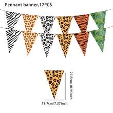 12PCS Jungle Theme Party Supplies Animal Print Pennant Banners Jungle Animal Prints Triangle Flag Zebra Leopard Print Hawaiian Leaf Pattern Banner For Themed Party Zoo (Classic Style)