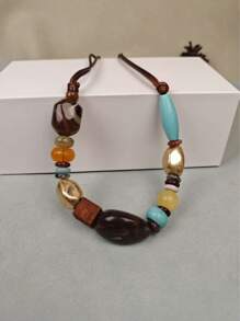 1pc Bohemian Style Turquoise Leopard Print Necklace With Inlaid Wooden Beads And Asymmetrical Colored Stones, Fashionable Exaggerated Necklace For Women, Suitable For Daily Wear, Banquet And Vacation