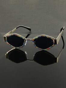 1 件 Y2K 金属框架多边形复古黑色镜片太阳镜，带闪亮水晶装饰，时尚优雅女士配饰 - 彩色 - 查看 7