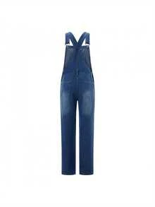Women Denim Long Jumpsuit Casual Spaghetti Strap Wide Leg Romper Pants Summer Baggy Bib Overalls - Màu xanh đậm - Xem 5