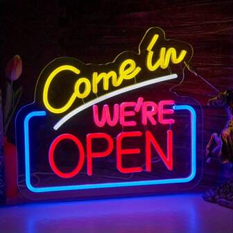 USB Powered LED Neon Sign For Wall Decor - "Come In We're Open" Illuminated Display For Cafe, Bar, Restaurant, Retail Store, Party, Pub, Shop Decoration - Wall Hanging, Non-Dimmable, Switch Control, No Battery Required, Single Color Plastic Material, Versatile Use
