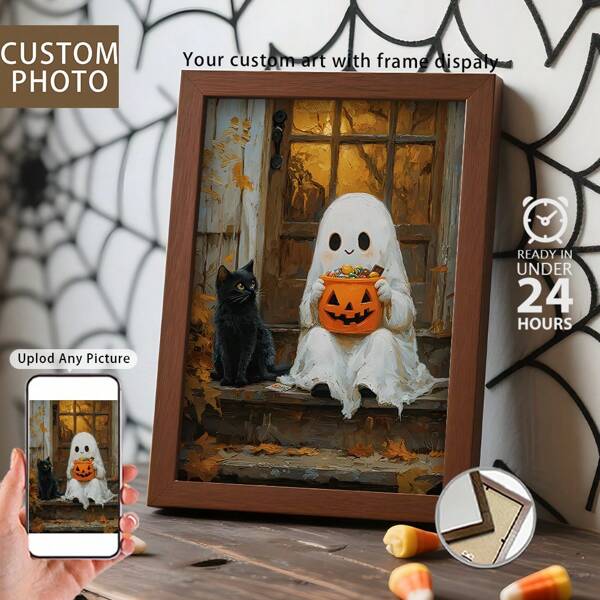1 pieza, Foto personalizada, Marco de madera y plexiglás pulido, es muy adecuado para la decoración del hogar de Halloween, póster artístico de lienzo con impresión personalizada, perfecto para familias, parejas, recuerdos de mascotas, el regalo perfecto para conmemorar Halloween