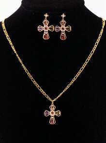 Ensemble de 3 pièces: Collier et boucles d'oreilles en cuivre avec croix en zircone et fausses perles, style de luxe élégant. Convient pour les banquets, les fêtes, le port quotidien. Cadeau de bijoux pour la famille, les amis, l'épouse, la petite amie