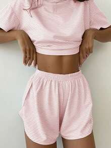 2-Pack Simple Four Seasons Spring And Summer Contrast Stripes Casual Loose Knit Short Sleeves Tops Side Slits Shorts Home Clothes Set Suitable For Home Use - Pink - View 3