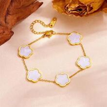1pc Clover Flower Titanium Steel Bracelet For Women, Simple And Fashionable, With Single-Sided Abalone Shell Decor, Unique Design Valentines,Mom,Mother,Mother's Day,Gift