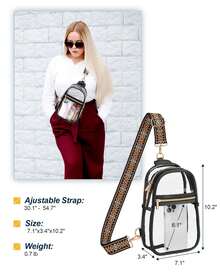 Stadium Approved Clear Sling Bag - Adjustable Crossbody Purse For Concerts & Games (PVC Leather) - 黑色+1.5寸黑棕菱形小花提花織帶(001BAC) - 查看 2