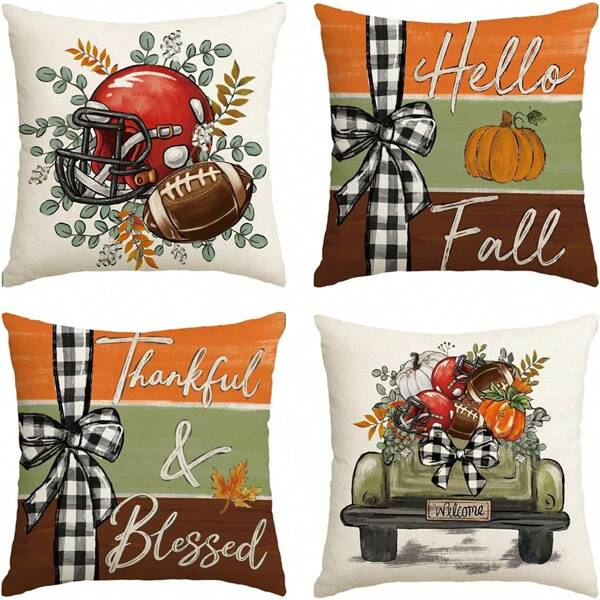 4pcs Fall Football Pumpkin Eucalyptus Leaves Pillow Covers, Car Thankful Seasonal Thanksgiving Harvest Cushion Case Decoration For Sofa Couch