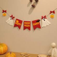 Vintage Cute Red Bow & White Bell Ghost Halloween Party Decorative Banner, Wall Hanging Pennant