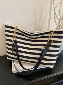 1pc Fashion Striped Contrast Color Large Capacity Nylon Tote Bag With Chain Shoulder Strap For Women