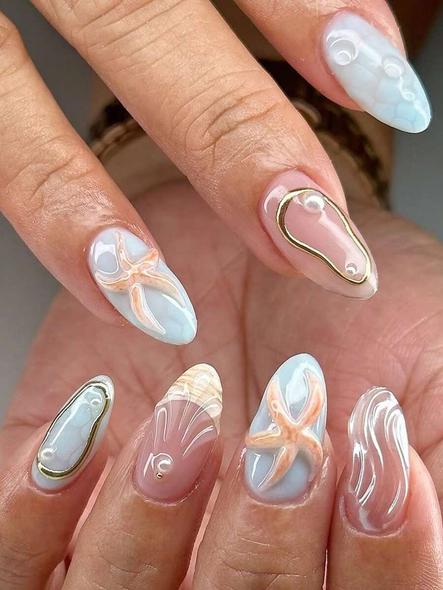 增添一丝浪漫气息，24 片中号杏仁形按压式假凝胶指甲清新时尚浅蓝色水波纹纯色珍珠花蕊假指甲休闲夏日海滩度假风格 3D 漆花贝壳海洋之星全覆盖假指甲套装适合女士和女孩，包括 1 片粘合标签和 1 件迷你锉刀条果冻凝胶随机发货美甲用品指甲 - 淺藍色 - 查看 1