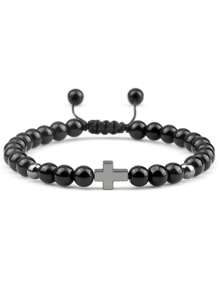 Handmade Woven Bracelet With Turquoise Cross Beads, Men Sports Accessory, European & American Import Jewelry