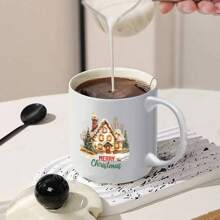 1 Stück rustikale Weihnachtshaus Keramiktasse - große isolierte Kaffeetasse mit Griff, wiederverwendbare Feiertags-Teetasse, perfektes Geschenk für Männer & Frauen, einzigartiges Geschenk für Wichteltausch, spülmaschinenfest, Heim- & Küchendekoration