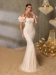 Faeriesty Haute Glamour Luxury Beaded Mermaid Evening Gown With Puff Sleeves – Off-Shoulder Silhouette, Floor-Length Train For Luxe Festivals & High-Profile Events - 杏色 - 查看 5