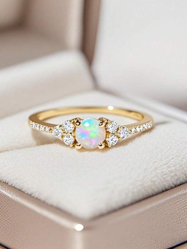 1pc Elegant Gold-Plated Embellished Australian Opal Women's Engagement/Wedding Ring, Versatile Accessory For Date, Travel, Valentine's Day Couple Rings, Gift For Her