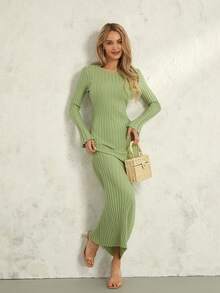 Women Knit Dress, Elegant Long Sleeve Crew Neck Ribbed Solid Fall Long Dress Streetwear - Green - View 1