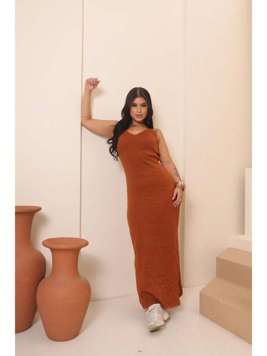 Women's Elegant Long Modal Dress, Plain, Sleeveless, V-Neck, Deep Slit, Shapes The Body, Fits Well, Without Transparency, Formal Dress, Casual Dress, Comfortable Dress, Sophisticated Dress, Chic Dress, Refined Dress, Bold Dress, Modern Dress, Casual Dress, Versatile Dress, Stylish Dress, Dress For Confident Women, Dress With Impeccable Fit, Dress That Lengthens The Silhouette, Dress With A Precise Fit, Dress That Shapes The Silhouette, Formal Dress, Timeless Dress, Practical Dress, Resistant Dress, Durable Dress, Dress With Freedom Of Movement, Delightful Dress To Wear, Dress To Feel Comfortable, Dress To Be Yourself, Dress For All Seasons, Autumn, Winter, Summer, Spring, Dress For Everyday Work, Meetings, Events, Cocktail, Dinner, Club, Party, Bar, Rodeo, June Festival, Dress With Great Cost-Benefit, Dress For Morning, Afternoon, Night, Dress That Matches With Jacket, Accessories, Sneakers, Boots, Heels, One Size Fits All, Fits 38 To 42, Launch 20 - Burnt Orange - View 1