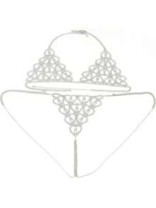 Cuier 1pc Nightclub Hollow Heart Bikini Body Chain Set, Women's Shiny Rhinestone Bra And Shorts Chain For Beach Party - Silver - View 3