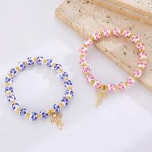 Elegant Vintage Bow Pendant, Patterned Ceramic Beaded Bracelet For Women, Fashion Jewelry Accessory, Gift Idea For Boyfriend Or Girlfriend, Porcelain Bead Bracelet Set