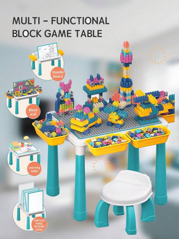 6-In-1 Multi-Functional Drawing Writing Building Bricks Table Set, Includes Play House, Drawing Board, Learning, Writing, Water Play, Building Bricks, 402pcs Bricks