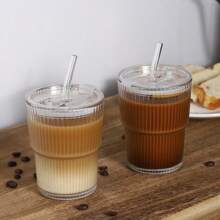 1pc Summer Fashion Striped Glass Water Cup, Reusable Beverage Glass With/Without Lid, Thickened Glass Suitable For Iced Coffee, Smoothie, Cocktail And Juice, Elegant And Durable Drinkware