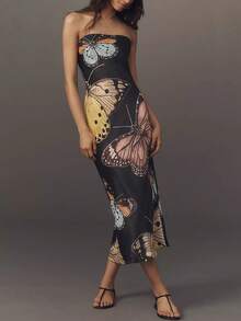 女士优雅蝴蝶印花露肩修身连衣裙，度假装 - 彩色 - 查看 3