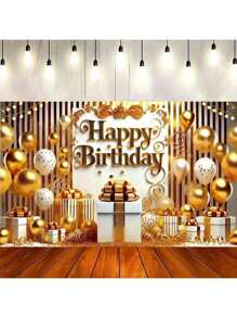 生日快乐横幅 - 金色和白色气球设计，涤纶派对装饰和摄影道具 - 彩色 - 查看 2