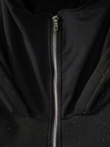 女士秋季服装、女士冬季服装、女士冬季服饰、女士亮片卫衣、冬季亮片上衣、时尚亮片拉法帽街头嘻哈双层连帽开衫、星空秋冬连帽拉链外套（黑色） - 黑色 - 查看 10